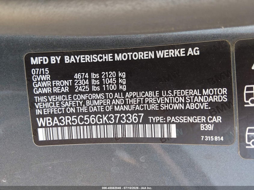 2016 BMW 4er VIN WBA3R5C56GK373367 IAAI salvage auction — FRONT END, Bill Of Sale (Washington), sold $1,700 on 2026-08-21 (photo 9)
