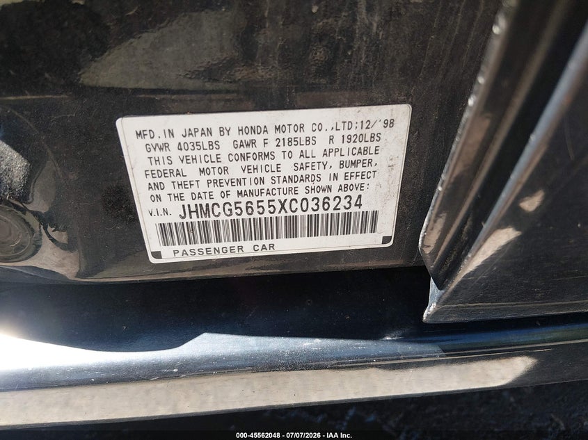 1999 Honda Accord VIN JHMCG5655XC036234 IAAI salvage auction — FRONT END, Salvage (Utah), sold $275 on 2026-07-23 (photo 9)