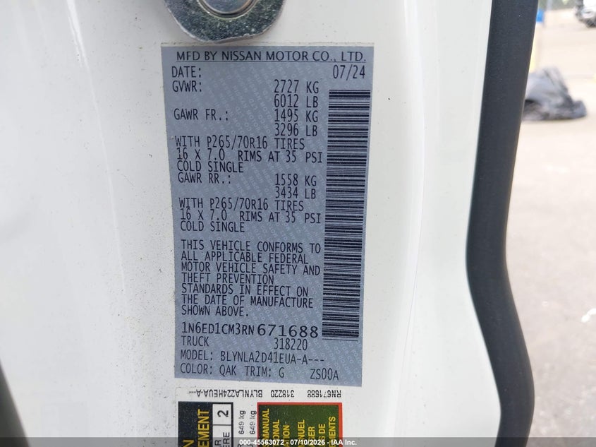 2024 Nissan Navara (frontier) VIN 1N6ED1CM3RN671688 IAAI salvage auction — FRONT END, Mv-907A (New York), sold $4,650 on 2026-07-18 (photo 9)