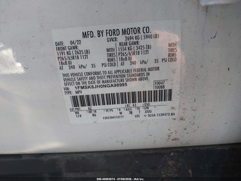 2022 Ford Explorer VIN 1FMSK8JH0NGA98995 IAAI salvage auction — FRONT END, Salvage Title, sold $8,700 on 2026-07-30 (photo 9)