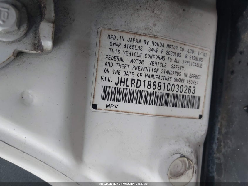 2001 Honda Cr-v VIN JHLRD18681C030263 IAAI salvage auction — NORMAL WEAR, Clear, sold $25 on 2026-07-21 (photo 9)