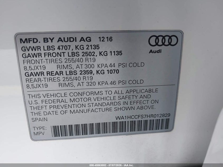 2017 Audi Q3 VIN WA1HCCFS7HR012829 IAAI salvage auction — RIGHT FRONT, Rebuildable (Florida), sold $175 on 2026-07-30 (photo 9)