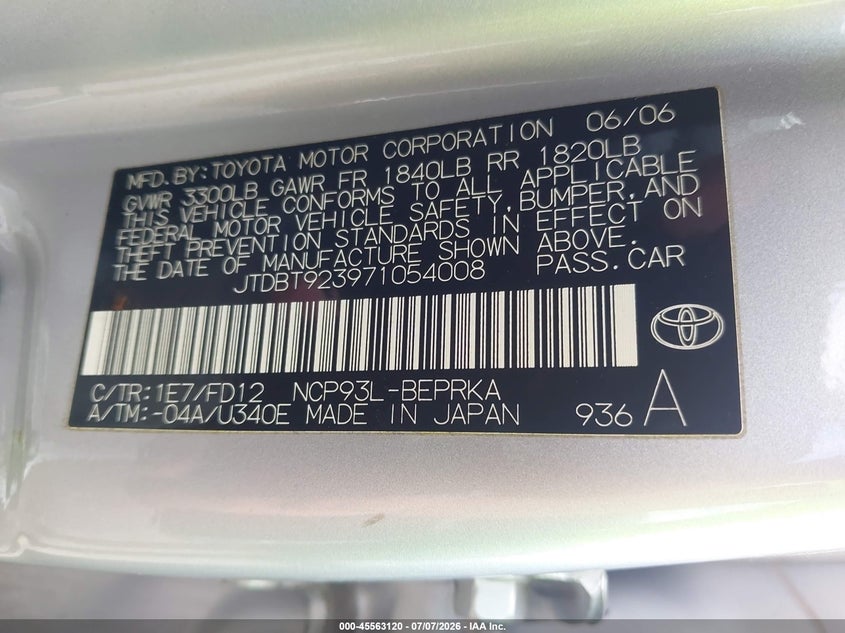 2007 Toyota Yaris VIN JTDBT923971054008 IAAI salvage auction — NORMAL WEAR, Clear (New York), sold $800 on 2026-07-15 (photo 9)