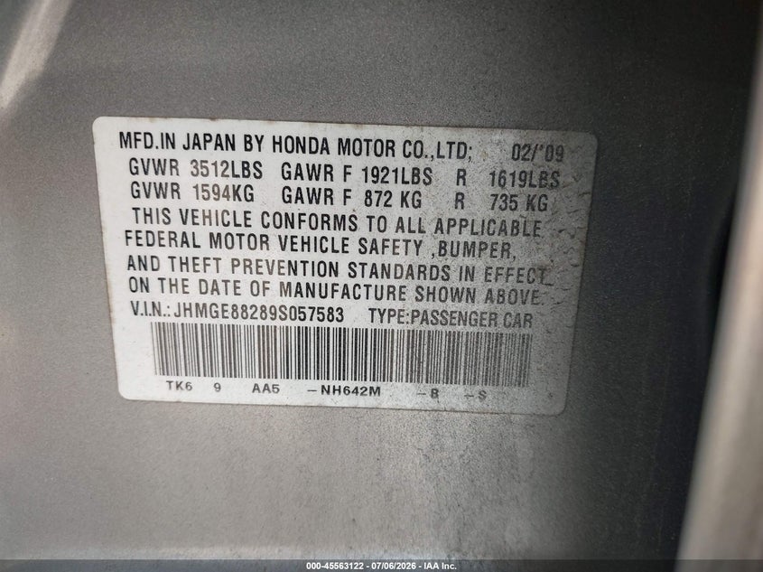 2009 Honda Fit VIN JHMGE88289S057583 IAAI salvage auction — FRONT END, Clear (Maryland), sold $475 on 2026-07-19 (photo 9)