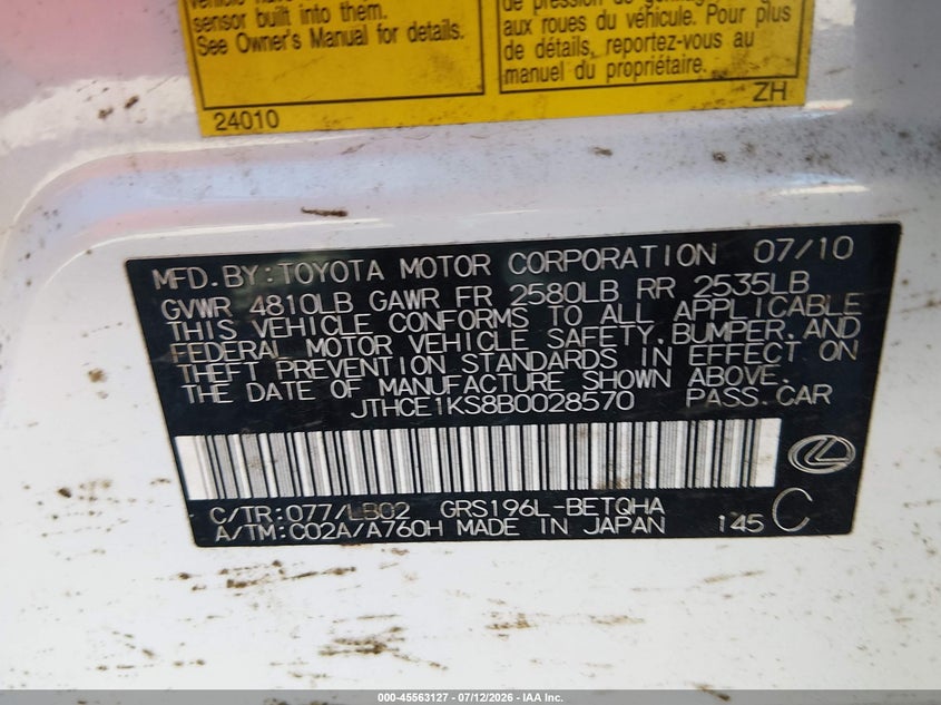 2011 Lexus Gs 350 VIN JTHCE1KS8B0028570 IAAI salvage auction — NORMAL WEAR, Clear (Alabama), sold $550 on 2026-07-30 (photo 9)