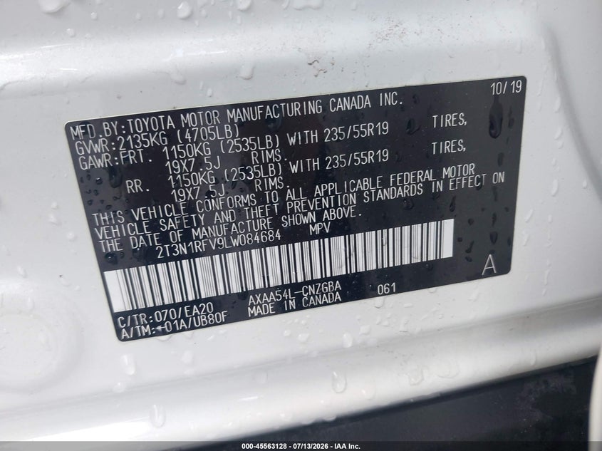 2020 Toyota Rav 4 VIN 2T3N1RFV9LW084684 IAAI salvage auction — FRONT END, Salvage Title, sold $9,700 on 2026-08-01 (photo 9)