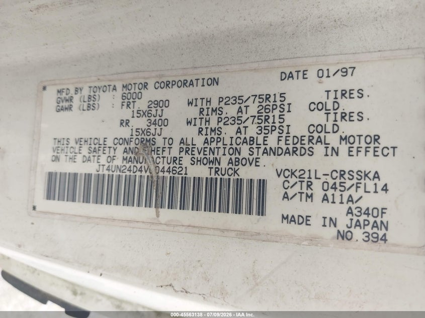 1997 Toyota T100 VIN JT4UN24D4V0044621 IAAI salvage auction — NORMAL WEAR, Clear (Virginia), sold $1,525 on 2026-07-21 (photo 9)