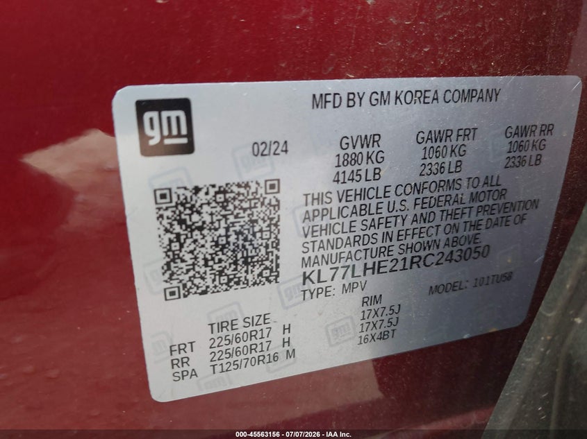 2024 Chevrolet Trax VIN KL77LHE21RC243050 IAAI salvage auction — NORMAL WEAR, Clear (Tennessee), sold $4,375 on 2026-07-29 (photo 9)
