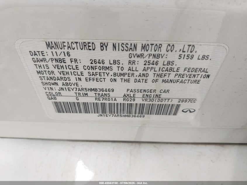 2017 Infiniti Q50 VIN JN1EV7AR5HM836469 IAAI salvage auction — FRONT END, Salvage Title, sold $1,550 on 2026-07-15 (photo 9)