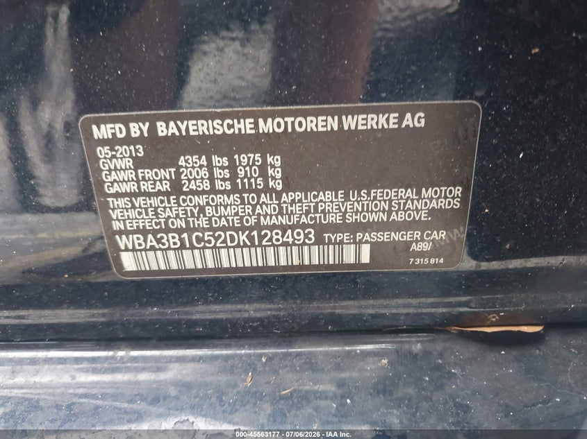2013 BMW 3er VIN WBA3B1C52DK128493 IAAI salvage auction — NORMAL WEAR, Clear (Florida), sold $375 on 2026-07-30 (photo 9)