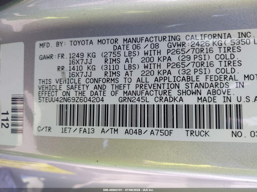 2009 Toyota Tacoma VIN 5TEUU42N69Z604204 IAAI salvage auction — NORMAL WEAR, Clear (New York), sold $2,250 on 2026-07-16 (photo 9)