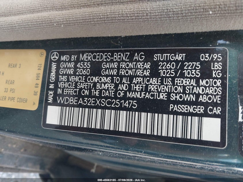 1995 Mercedes-benz E-class VIN WDBEA32EXSC251475 IAAI salvage auction — NORMAL WEAR, Clear (Virginia), sold $950 on 2026-07-14 (photo 9)