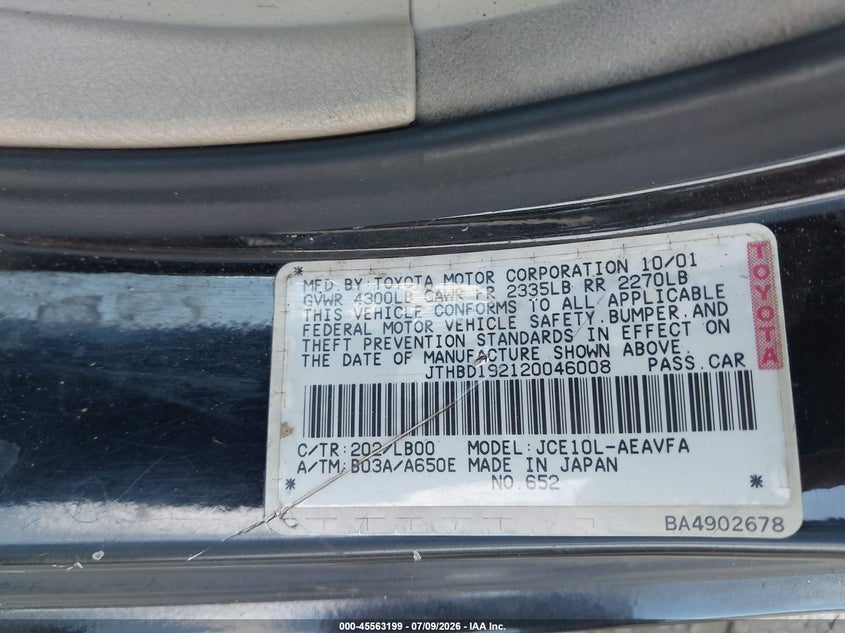 2002 Lexus Is 300 VIN JTHBD192120046008 IAAI salvage auction — FRONT END, Salvage (Idaho), sold $275 on 2026-07-28 (photo 9)