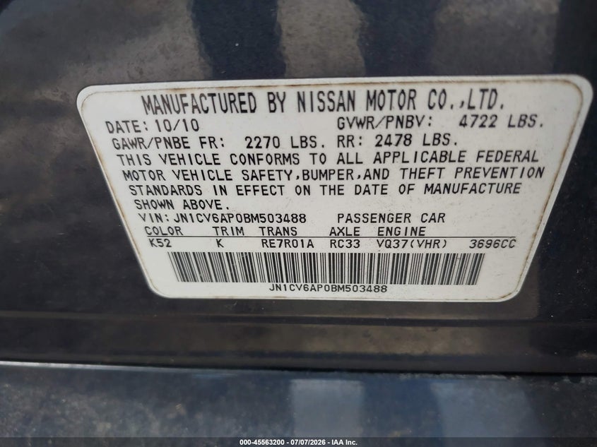 2011 Infiniti G37 VIN JN1CV6AP0BM503488 IAAI salvage auction — NORMAL WEAR, Clear (Florida), sold $475 on 2026-07-29 (photo 9)