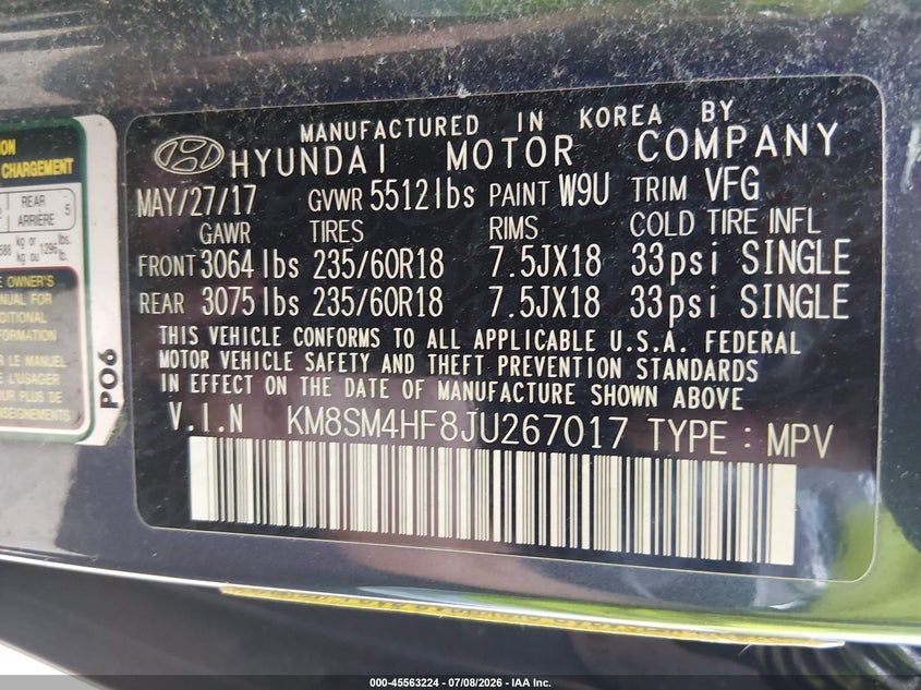 2018 Hyundai Santa fe VIN KM8SM4HF8JU267017 IAAI salvage auction — REAR END, Salvage Title, sold $3,050 on 2026-07-26 (photo 9)