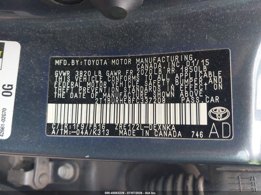 2015 Toyota Corolla VIN 2T1BURHE8FC337208 IAAI salvage auction — FRONT END, Salvage (Ohio), sold $2,950 on 2026-07-31 (photo 9)