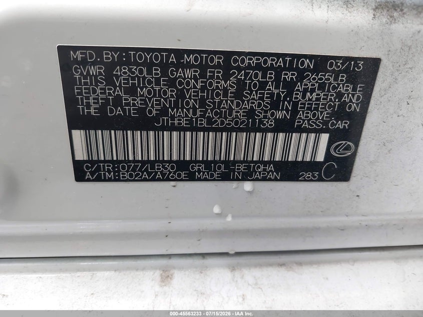 2013 Lexus Gs VIN JTHBE1BL2D5021138 IAAI salvage auction — FRONT END, Clear (Virginia), sold $2,100 on 2026-07-30 (photo 9)
