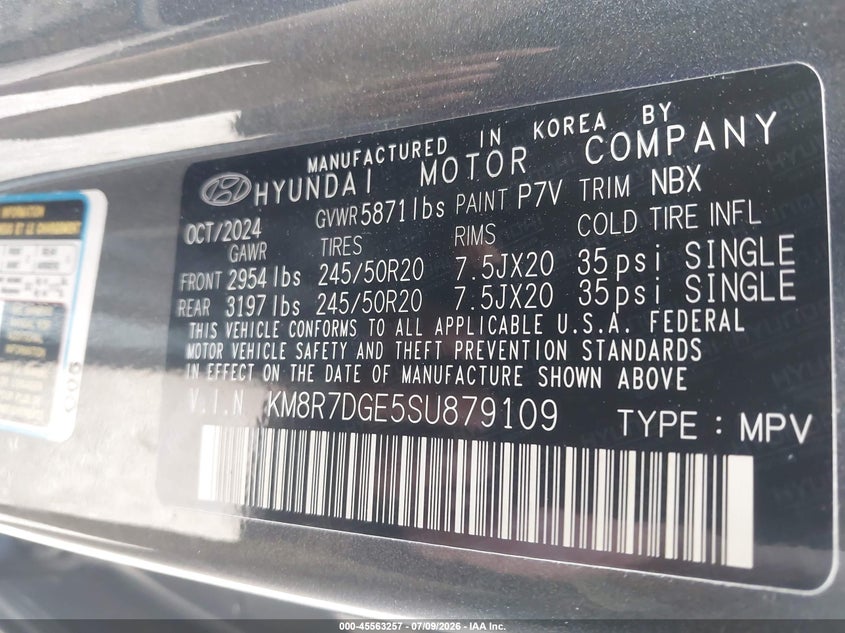 2025 Hyundai Palisade VIN KM8R7DGE5SU879109 IAAI salvage auction — HAIL, Clear Claim Paid (Wisconsin), sold $14,600 on 2026-07-21 (photo 9)