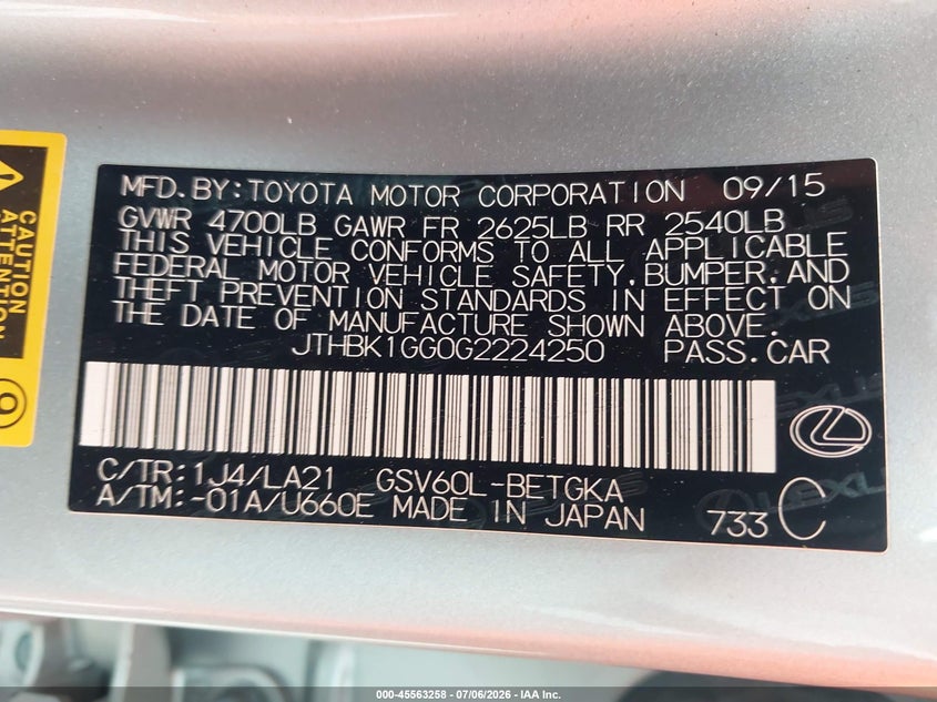2016 Lexus ES VIN JTHBK1GG0G2224250 IAAI salvage auction — FRONT END, Salvage Title, sold $5,200 on 2026-07-25 (photo 9)