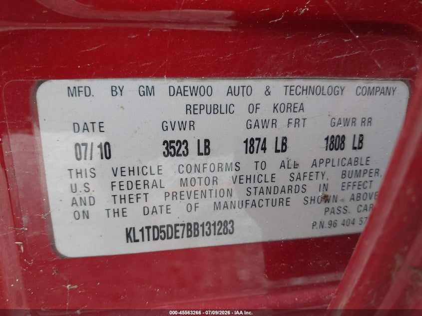 2011 Chevrolet Aveo VIN KL1TD5DE7BB131283 IAAI salvage auction — NORMAL WEAR, Original (Kentucky), sold $500 on 2026-07-21 (photo 9)
