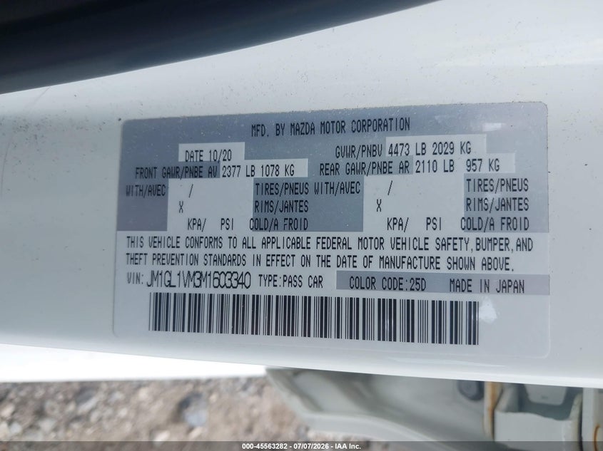 2021 Mazda 6 VIN JM1GL1VM3M1603340 IAAI salvage auction — RIGHT FRONT, Salvage (Pennsylvania), sold $6,300 on 2026-07-31 (photo 9)
