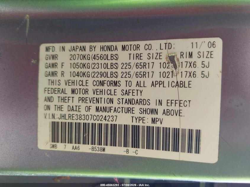 2007 Honda Cr-v VIN JHLRE38307C024237 IAAI salvage auction — NORMAL WEAR, Clear (Alabama), sold $475 on 2026-07-29 (photo 9)