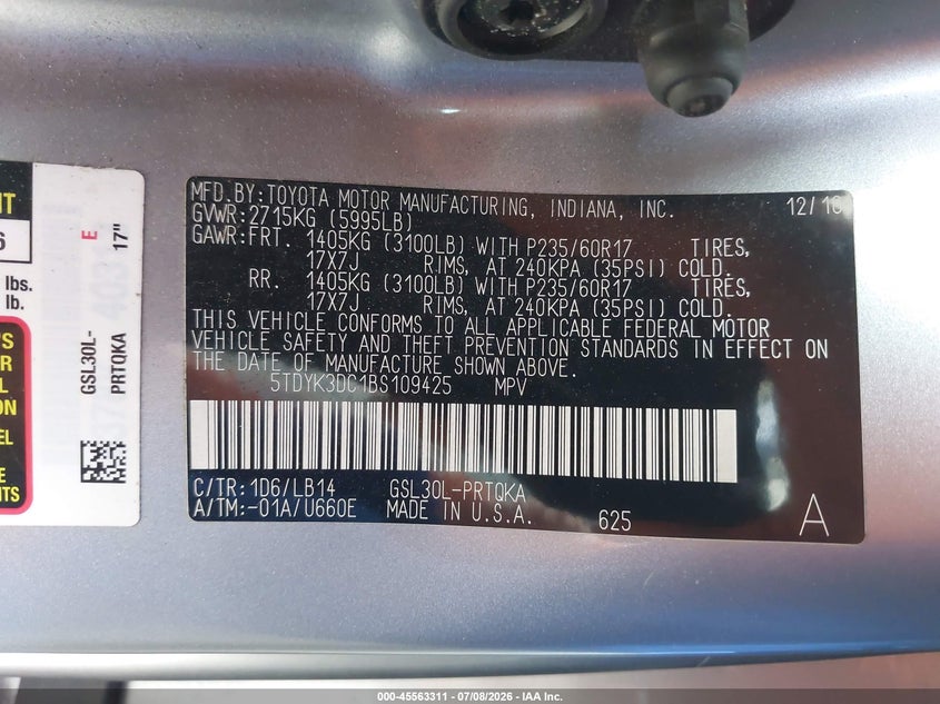 2011 Toyota Sienna VIN 5TDYK3DC1BS109425 IAAI salvage auction — FRONT END, Salvage (Pennsylvania), sold $1,250 on 2026-07-31 (photo 9)