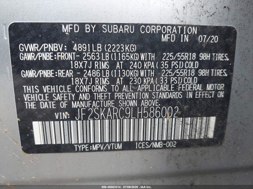 2020 Subaru Forester VIN JF2SKARC9LH586002 IAAI salvage auction — NORMAL WEAR, Salvage Title, sold $3,225 on 2026-07-29 (photo 9)