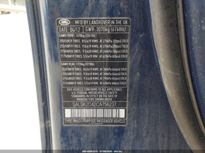 2012 Land rover Range rover sport VIN SALSK2D42CA756237 IAAI salvage auction — NORMAL WEAR, Original (Maine), sold $500 on 2026-07-27 (photo 9)
