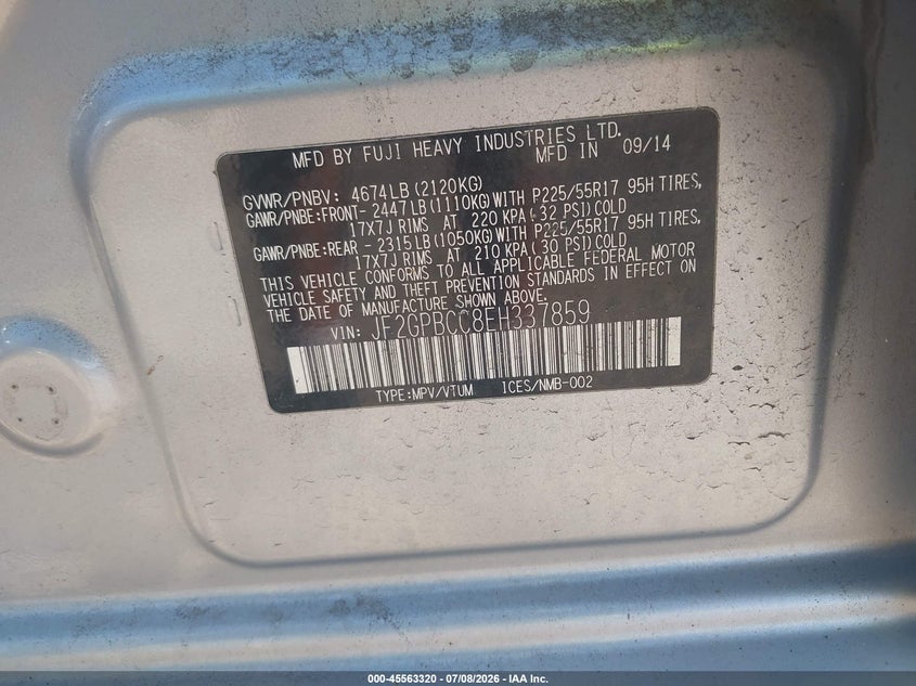 2014 Subaru Xv VIN JF2GPBCC8EH337859 IAAI salvage auction — RIGHT SIDE, Salvage Title, sold $775 on 2026-07-28 (photo 9)