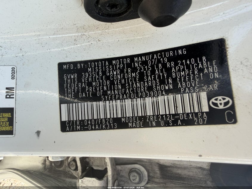 2020 Toyota Corolla VIN 5YFEPRAE0LP039004 IAAI salvage auction — ALL OVER, Original (New Hampshire), sold $4,950 on 2026-07-29 (photo 9)