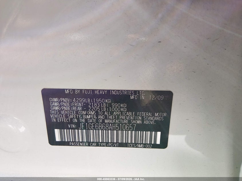 2010 Subaru Impreza VIN JF1GE6B68AH510657 IAAI salvage auction — NORMAL WEAR, Clear (Colorado), sold $25 on 2026-07-21 (photo 9)