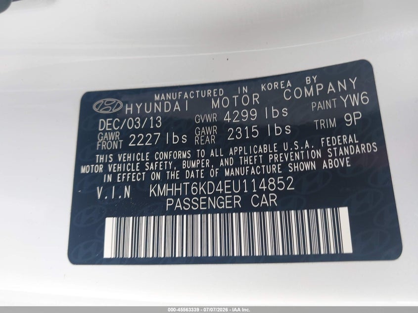 2014 Hyundai Genesis VIN KMHHT6KD4EU114852 IAAI salvage auction — UNKNOWN, Clear (Maryland), sold $4,250 on 2026-07-27 (photo 9)