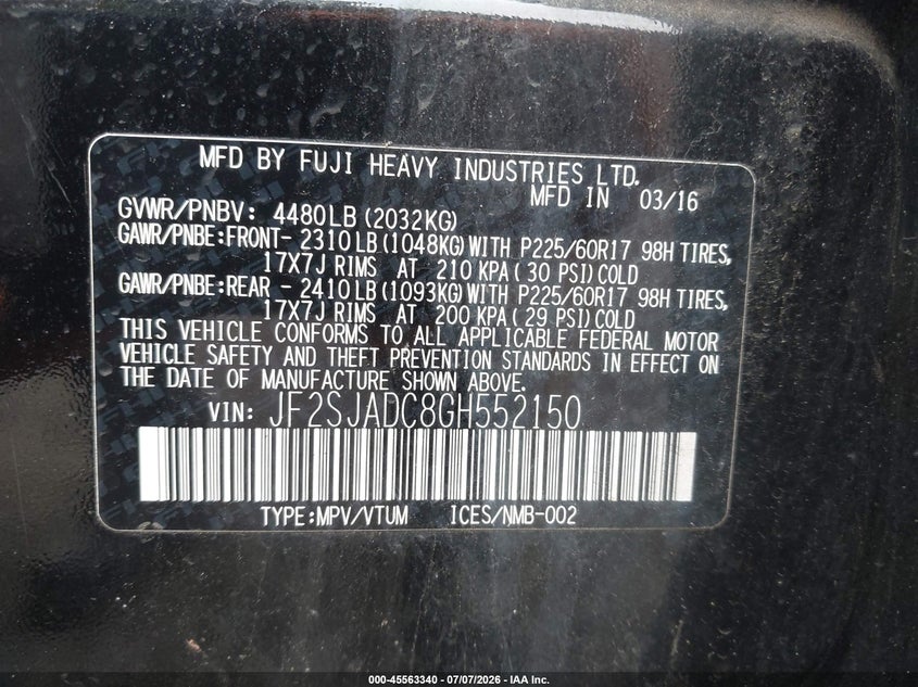 2016 Subaru Forester VIN JF2SJADC8GH552150 IAAI salvage auction — FRONT END, Salvage (Pennsylvania), sold $2,100 on 2026-07-24 (photo 9)