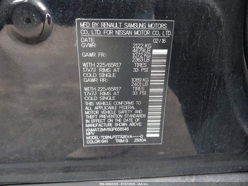 2016 Nissan Rogue VIN KNMAT2MV8GP658146 IAAI salvage auction — LEFT SIDE, Salvage (Idaho), sold $1,075 on 2026-07-29 (photo 9)