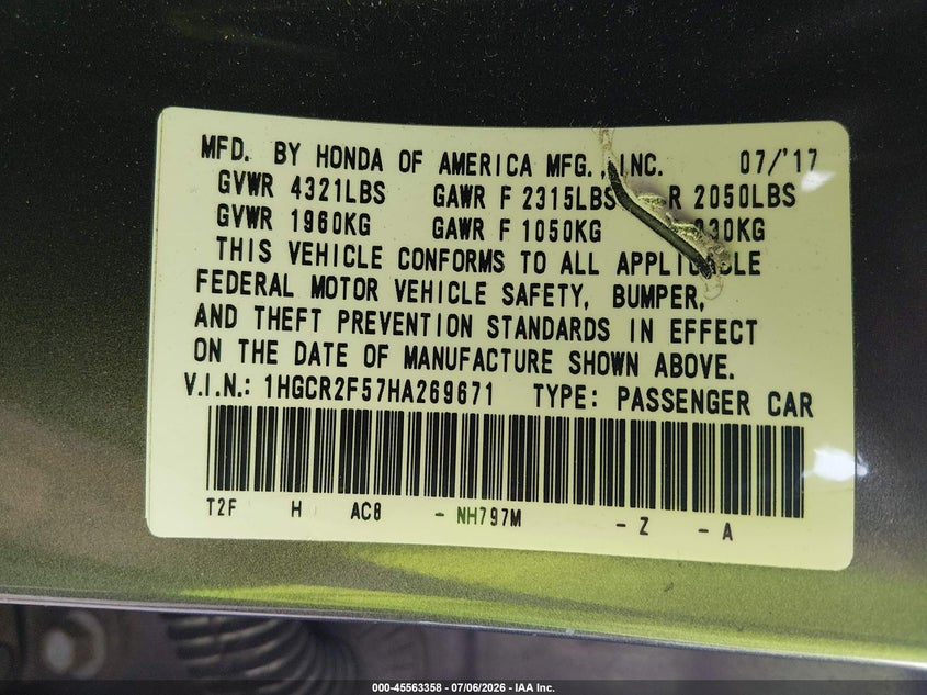 2017 Honda Accord VIN 1HGCR2F57HA269671 IAAI salvage auction — FRONT END, Salvage Title, sold $4,050 on 2026-07-22 (photo 9)
