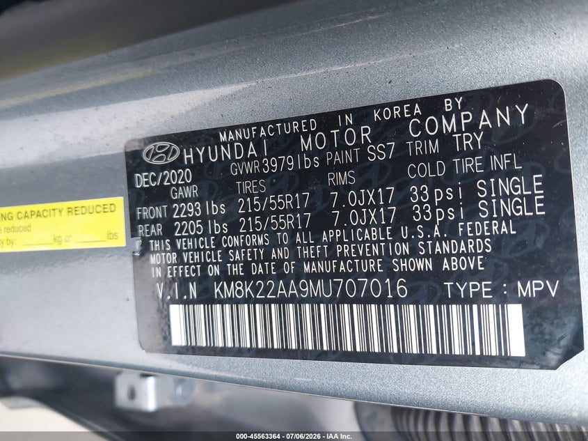 2021 Hyundai Kona VIN KM8K22AA9MU707016 IAAI salvage auction — SIDE, Clear (Texas), sold $2,050 on 2026-07-22 (photo 9)