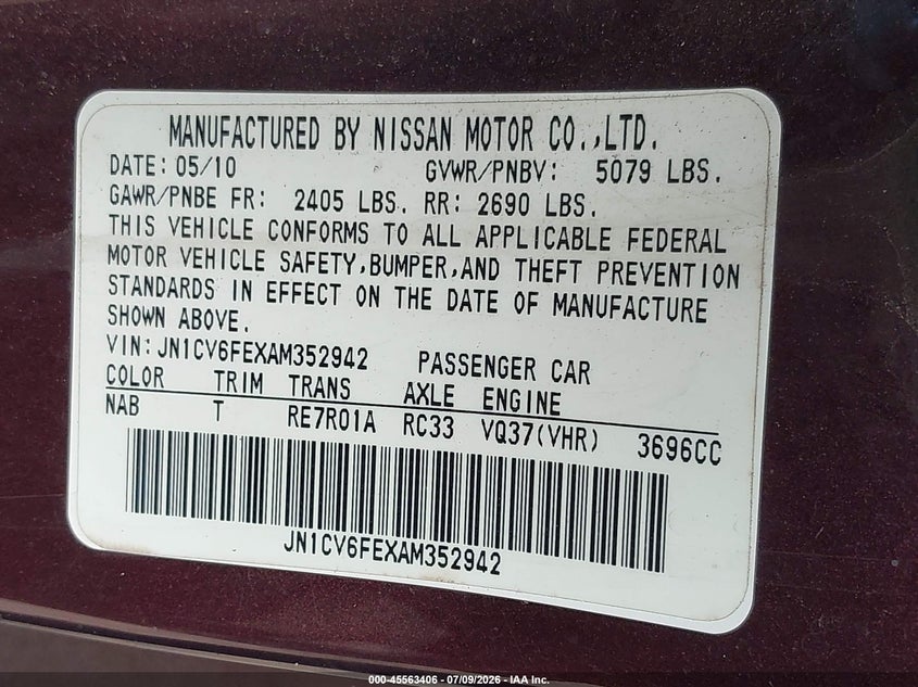 2010 Infiniti G37 VIN JN1CV6FEXAM352942 IAAI salvage auction — NORMAL WEAR, Clear (New Jersey), sold $1,500 on 2026-07-13 (photo 9)