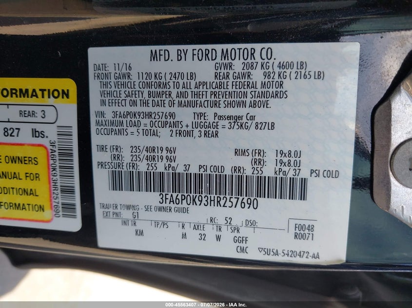 2017 Ford Fusion VIN 3FA6P0K93HR257690 IAAI salvage auction — LEFT & RIGHT, Clear (Texas), sold $1,200 on 2026-07-18 (photo 9)