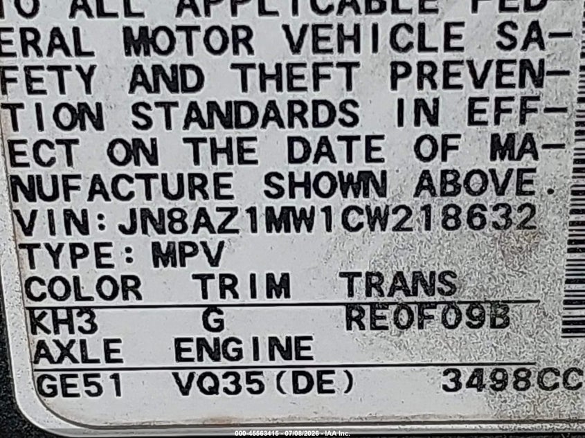 2012 Nissan Murano VIN JN8AZ1MW1CW218632 IAAI salvage auction — FRONT END, Clear (Virginia), sold $675 on 2026-08-02 (photo 9)