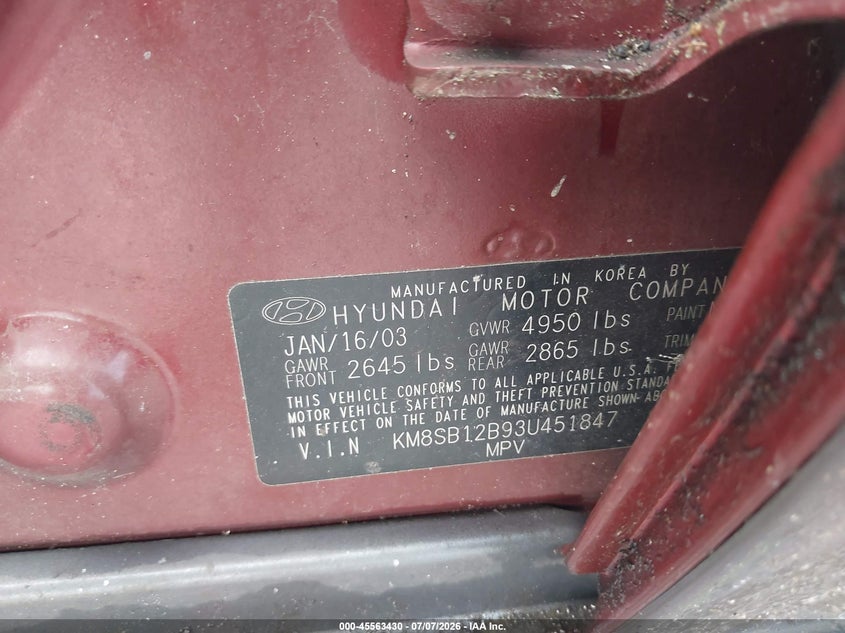 2003 Hyundai Santa fe VIN KM8SB12B93U451847 IAAI salvage auction — LEFT SIDE, Rebuildable (Florida), sold $275 on 2026-07-28 (photo 9)