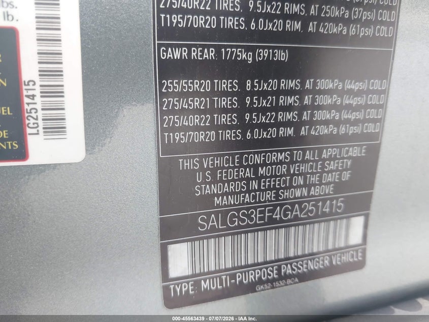 2016 Land rover RANGE ROVER VIN SALGS3EF4GA251415 IAAI salvage auction — UNKNOWN, Salvage Title, sold $2,800 on 2026-07-11 (photo 9)