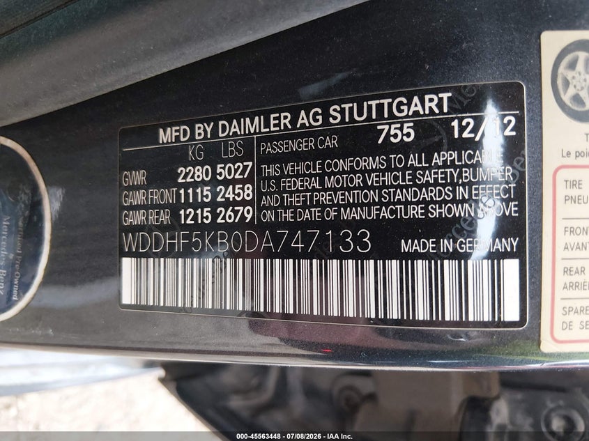2013 Mercedes-benz E-klasse VIN WDDHF5KB0DA747133 IAAI salvage auction — FRONT END, Salvage (Tennessee), sold $150 on 2026-08-05 (photo 9)