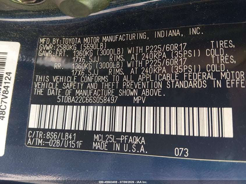 2006 Toyota Sienna VIN 5TDBA22C66S058497 IAAI salvage auction — SUSPENSION, Original (Ohio), sold $1,700 on 2026-07-14 (photo 9)