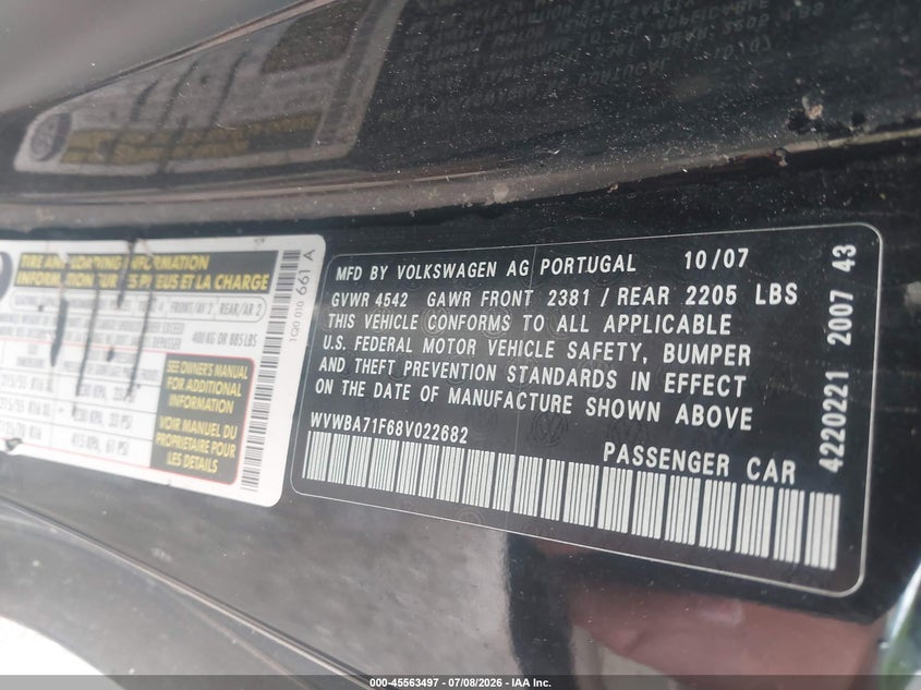 2008 Volkswagen Eos VIN WVWBA71F68V022682 IAAI salvage auction — NORMAL WEAR, Clear-Endorsement (Wisconsin), sold $275 on 2026-07-14 (photo 9)