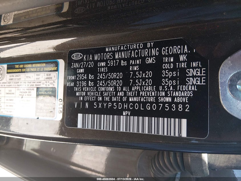 2020 Kia Telluride VIN 5XYP5DHC0LG075382 IAAI salvage auction — HAIL, Clear (Colorado), sold $9,500 on 2026-08-02 (photo 9)