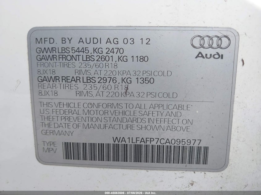 2012 Audi Q5 VIN WA1LFAFP7CA095977 IAAI salvage auction — SIDE, Salvage Title, sold $525 on 2026-07-29 (photo 9)
