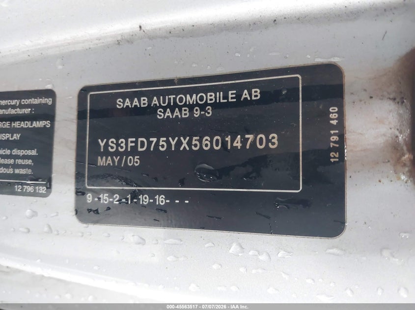 2005 Saab 9-3 VIN YS3FD75YX56014703 IAAI salvage auction — NORMAL WEAR, Clear (Connecticut), sold $450 on 2026-07-09 (photo 9)