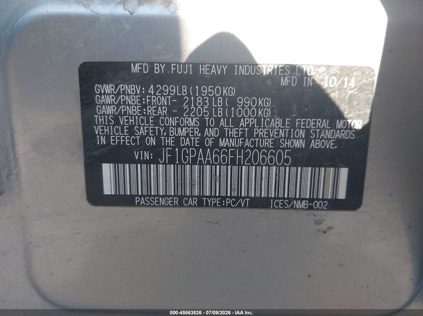 2015 Subaru Impreza VIN JF1GPAA66FH206605 IAAI salvage auction — FRONT END, Salvage (Pennsylvania), sold $700 on 2026-07-18 (photo 9)