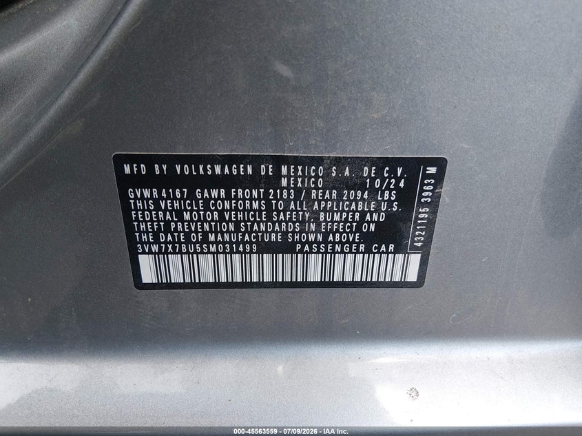 2025 Volkswagen Jetta VIN 3VW7X7BU5SM031499 IAAI salvage auction — FRONT END, Salvage (Ohio), sold $3,450 on 2026-08-19 (photo 9)
